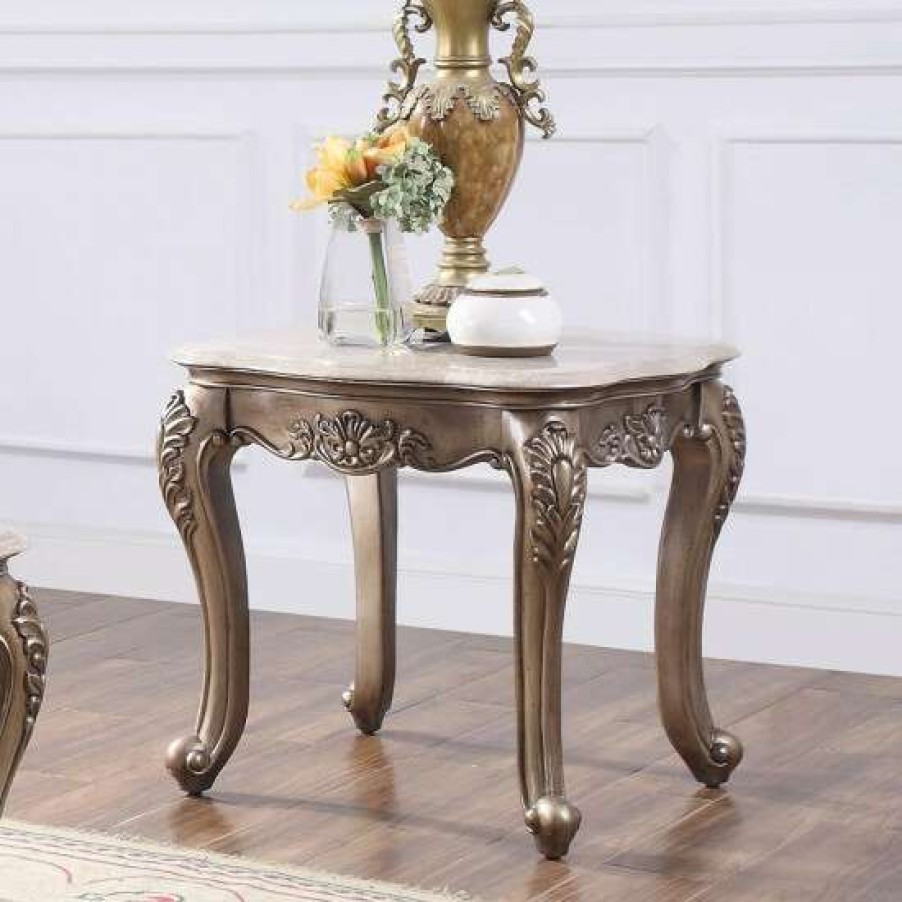 Furniture * | Budget Simple Relax Rectangular Marble Top End Table In Champagne Finish