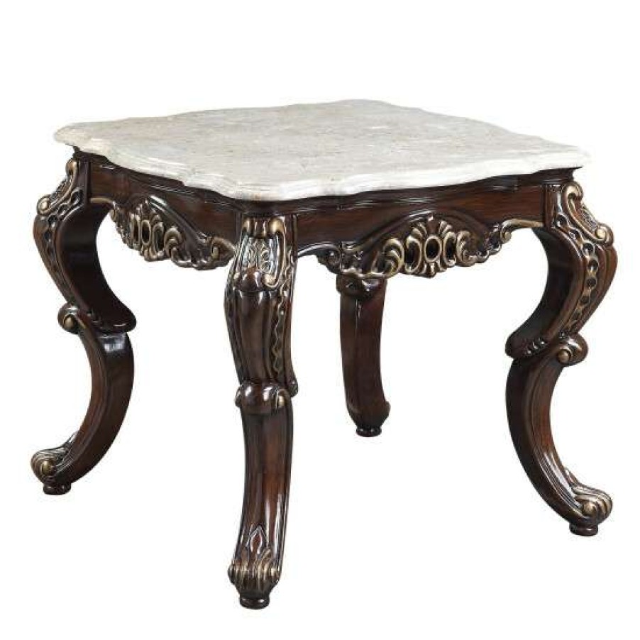 Furniture * | Discount Simple Relax Wood End Table With Marble Top In Antique Oak And White