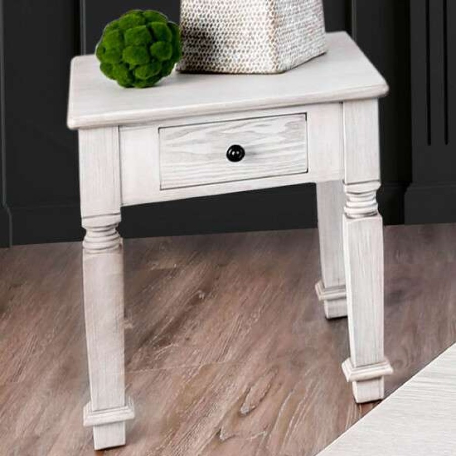 Furniture * | Flash Sale Simple Relax Wooden End Table With Two Drawers In Antique White Finish