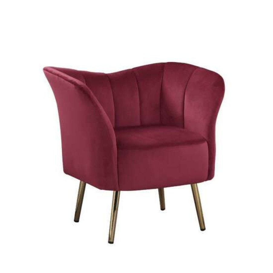 Furniture * | Discount Simple Relax Burgundy Velvet Accent Chair In Gold Finish