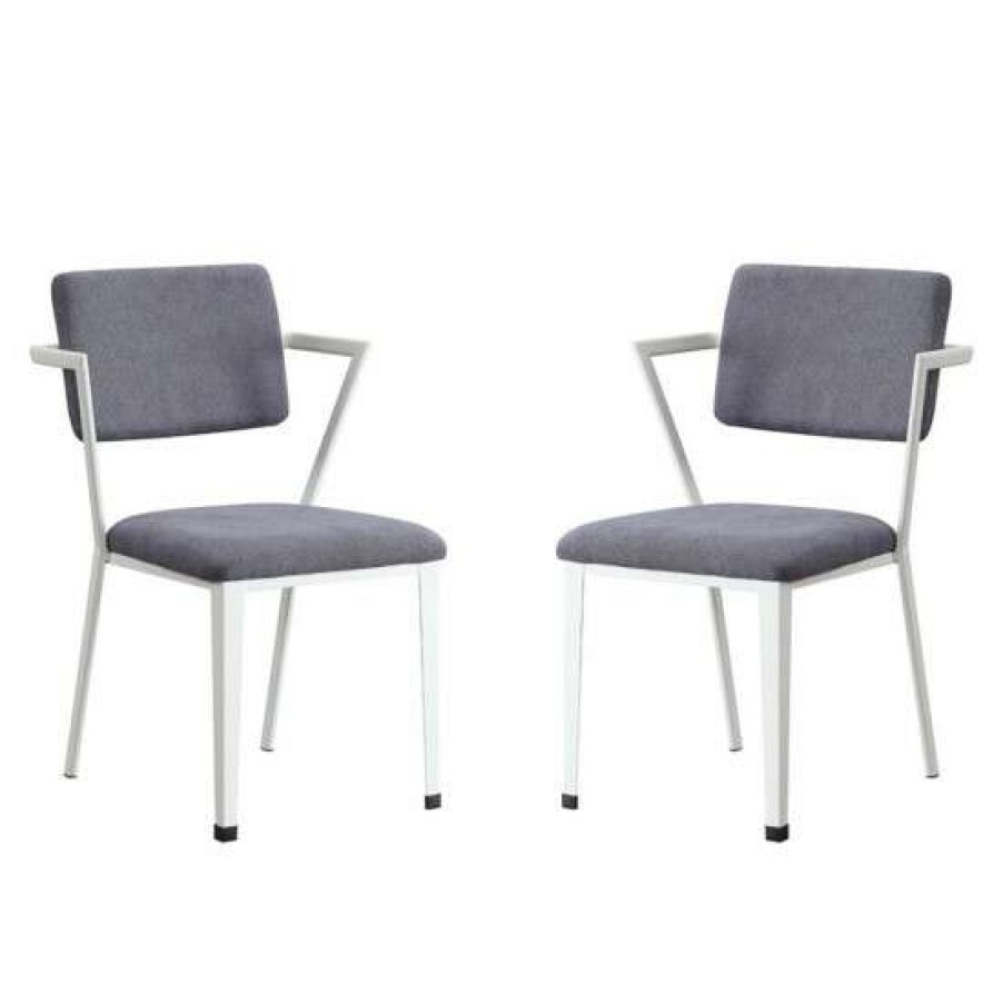 Furniture * | Coupon Simple Relax Set Of 2 Gray Fabric Dining Chair In White Finish