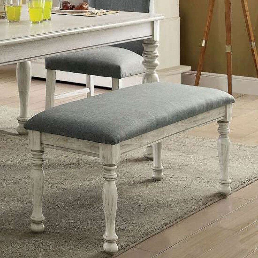 Furniture * | Flash Sale Simple Relax Fabric Padded Dining Bench In Antique White And Gray Finish