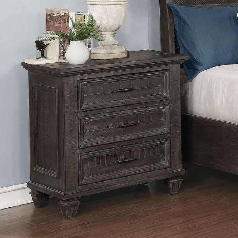 Furniture * | Best Sale Simple Relax 3 Drawers Nightstand With Metal Handles In Weathered Carbon