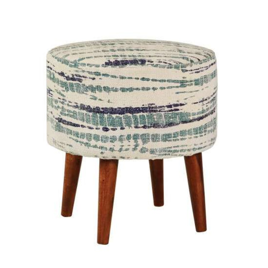 Furniture * | Deals Simple Relax Round Upholstered Accent Stool, Blue And White