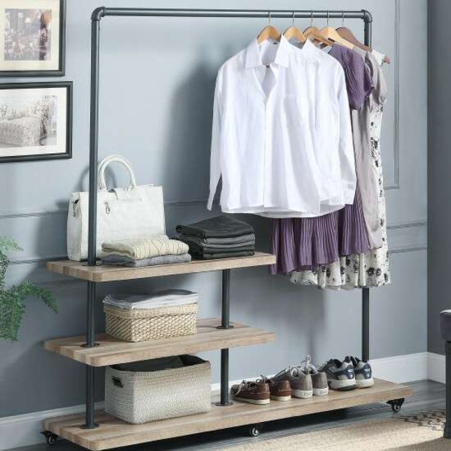 Furniture * | Buy Simple Relax Clothing Rack With Shelves In Oak And Sandy Gray