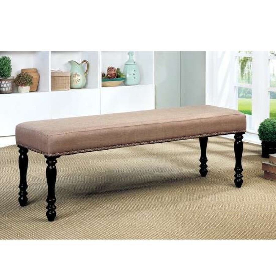 Furniture * | Outlet Simple Relax Nailhead Trim Design Bench In Antique Cherry And Beige