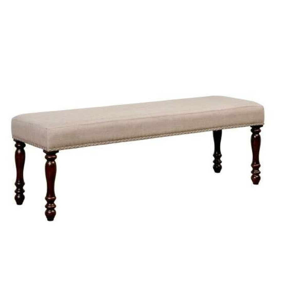 Furniture * | Outlet Simple Relax Nailhead Trim Design Bench In Antique Cherry And Beige