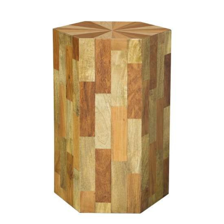 Furniture * | Top 10 Simple Relax Hexagon Wood Accent Table With Sunburst Top In Natural Wood