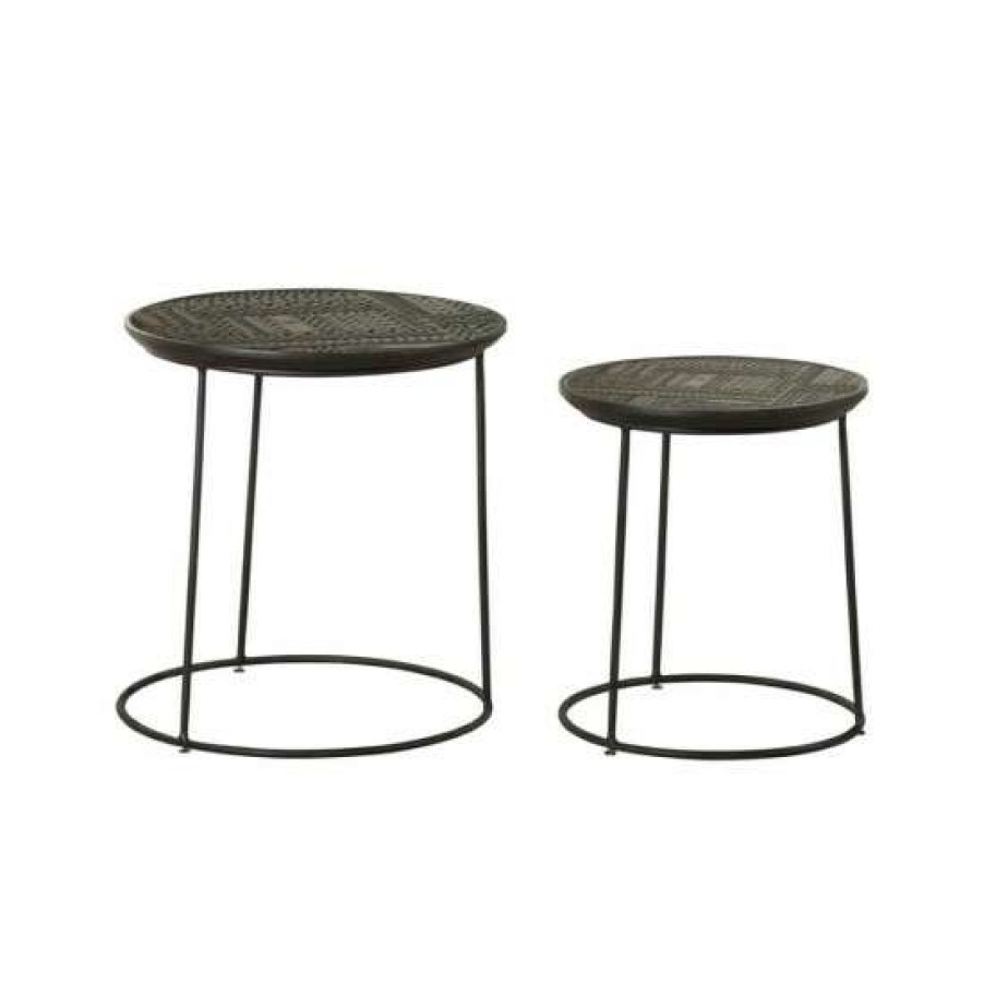 Furniture * | Best Deal Simple Relax 2 Piece Round Nesting Table With Metal Base In Matte Black