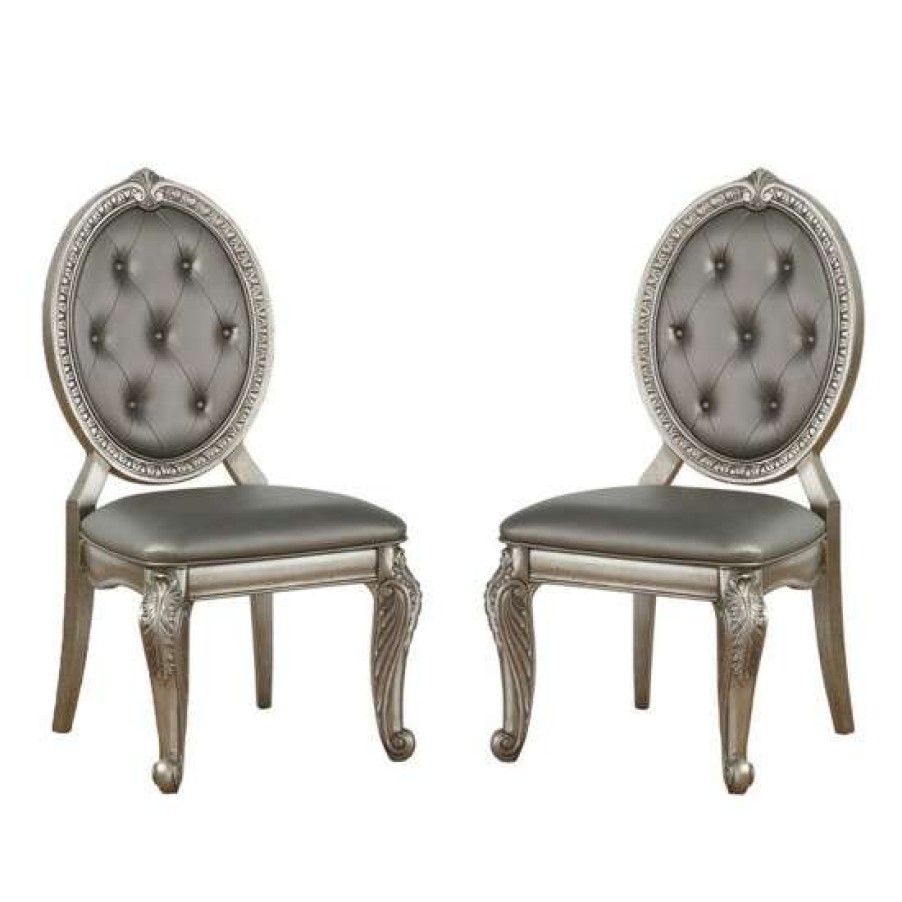 Furniture * | Promo Simple Relax Set Of 2 Pu Upholstered Side Chair In Antique Silver Finish