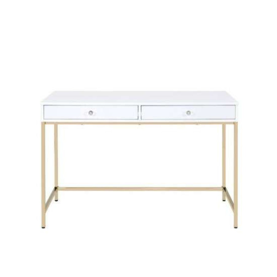 Furniture * | Cheapest Simple Relax 2 Drawers Vanity Desk In White High Gloss And Gold