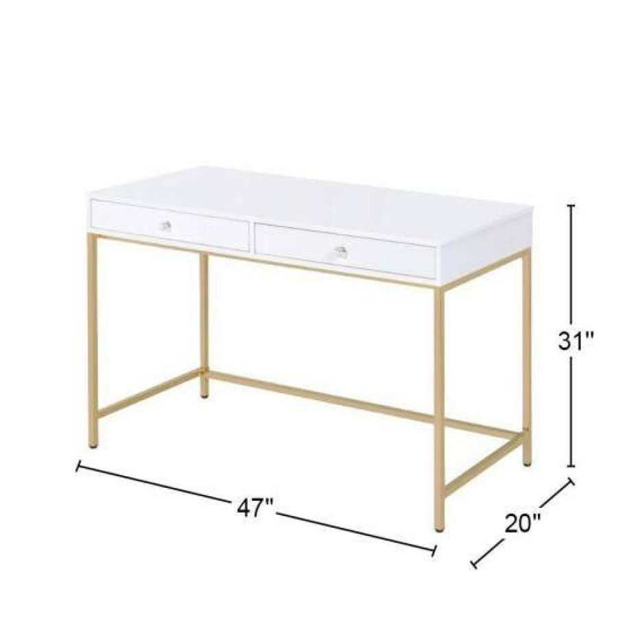 Furniture * | Cheapest Simple Relax 2 Drawers Vanity Desk In White High Gloss And Gold