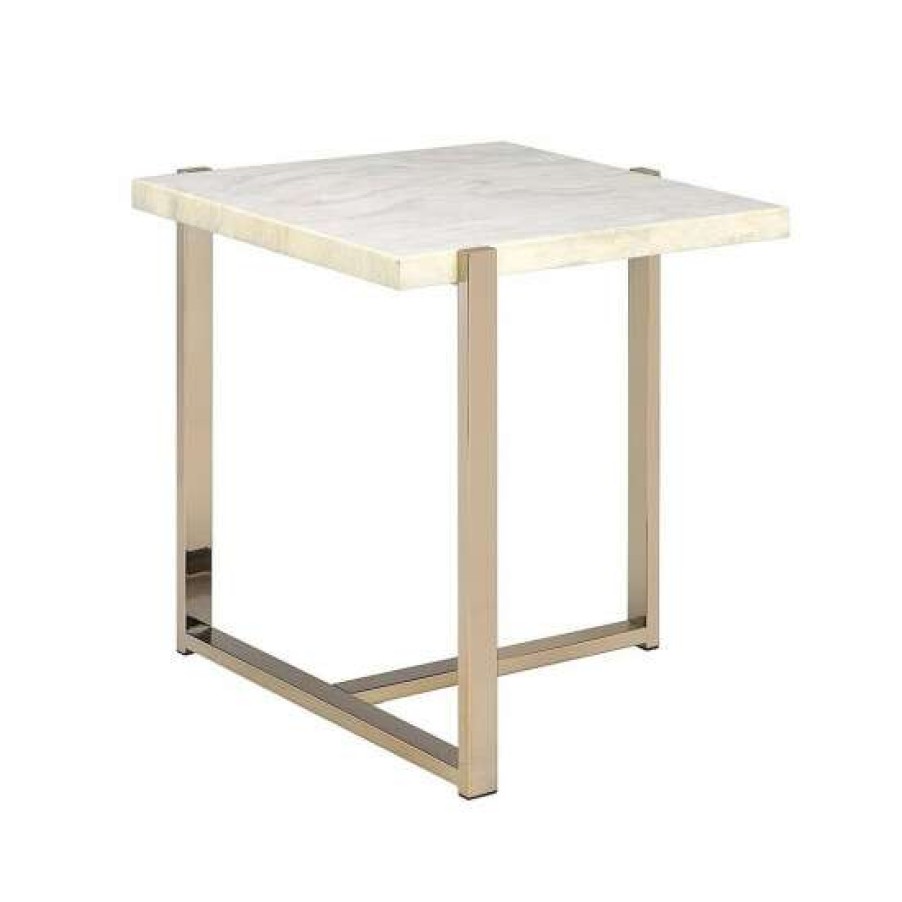 Furniture * | Outlet Simple Relax Champagne Finish End Table With Faux Marble Top