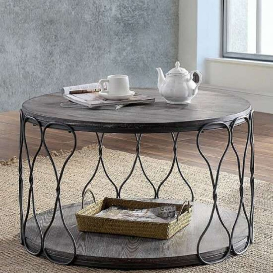 Furniture * | New Simple Relax Metal And Wood Round Coffee Table With Open Bottom Shelf In Gray