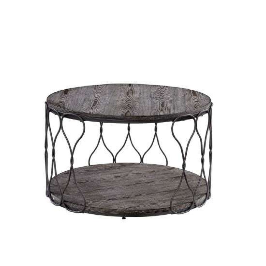 Furniture * | New Simple Relax Metal And Wood Round Coffee Table With Open Bottom Shelf In Gray