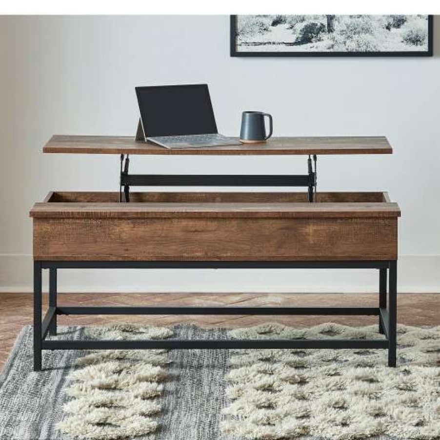 Furniture * | Hot Sale Simple Relax Lift Top Coffee Table With Hidden Storage In Brown Oak And Sandy Black