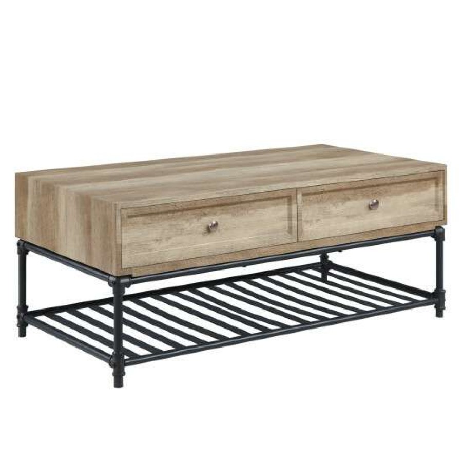 Furniture * | Deals Simple Relax 2 Storage Drawers Wood Coffee Table In Oak And Sandy Black