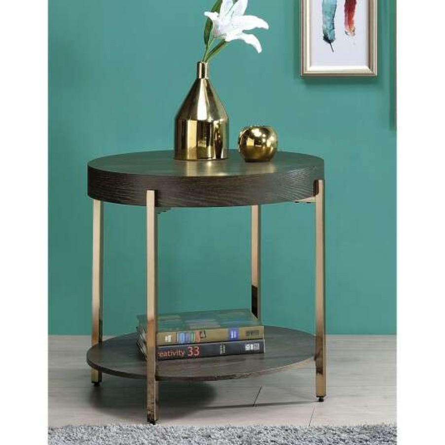 Furniture * | Best Reviews Of Simple Relax Metal Frame End Table In Dark Oak And Champagne Finish