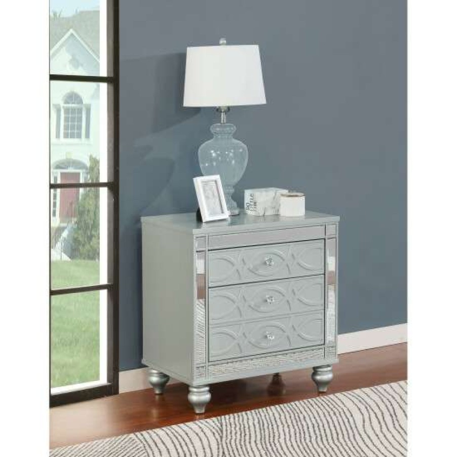 Furniture * | Best Pirce Simple Relax Glam 3 Drawers Nightstand With Dual Usb Port, Silver