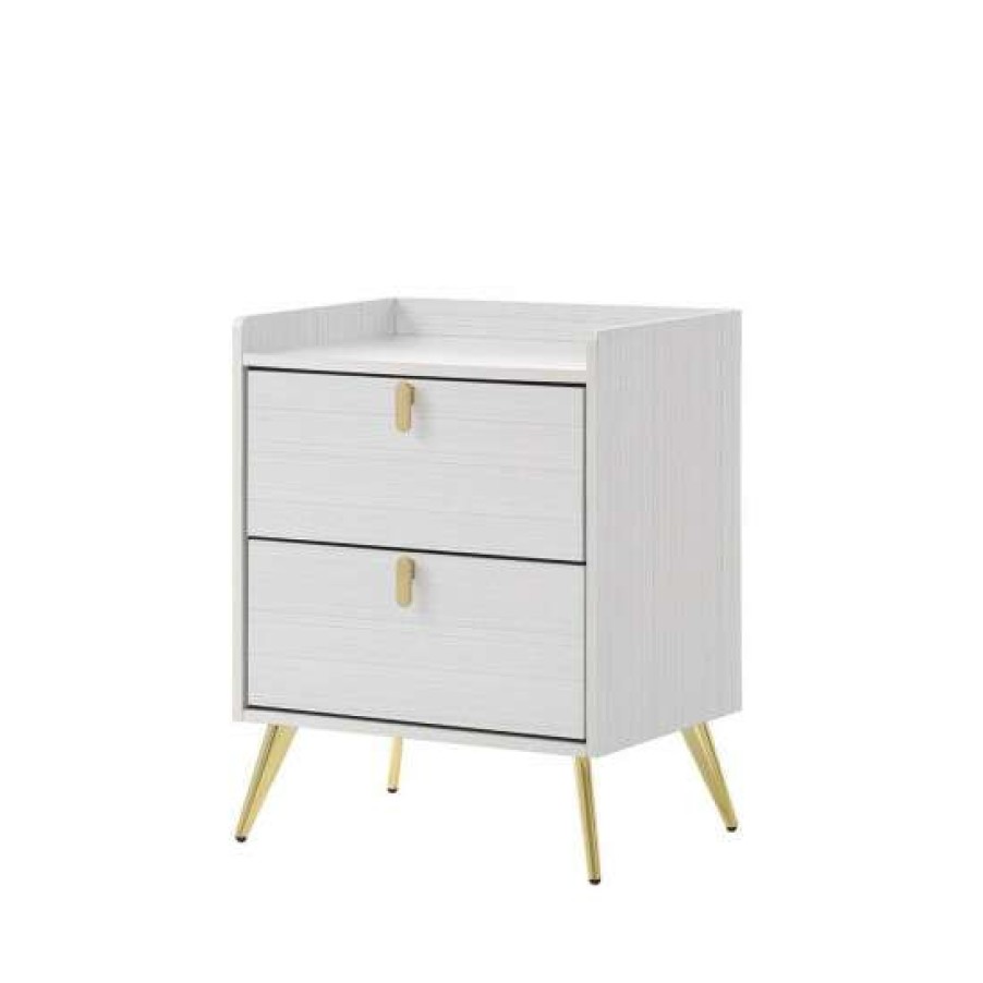 Furniture * | Flash Sale Simple Relax 2 Drawers Wooden Nightstand With Metal Legs In White Gold Finish