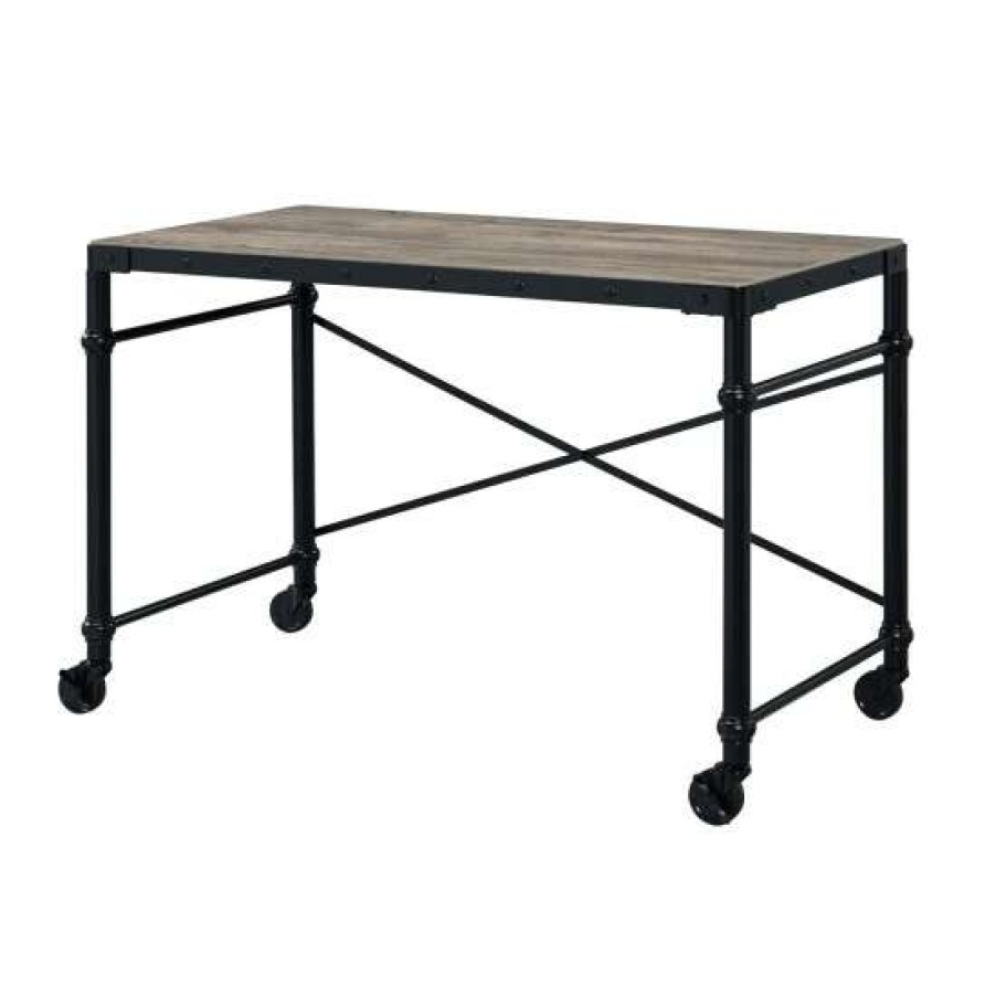 Furniture * | New Simple Relax Mobile Wooden Top Writing Desk With Metal Frame, Rustic Oak And Black