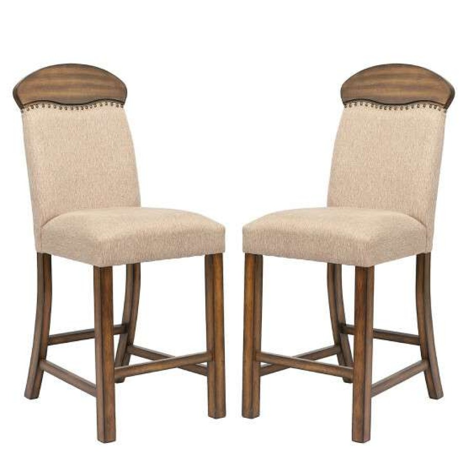 Furniture * | Best Sale Simple Relax Set Of 2 Linen Upholstered Counter Height Chair In Oak Finish