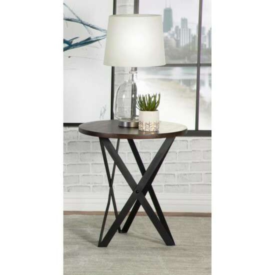 Furniture * | Coupon Simple Relax Round Wood End Table With Metal Base In Black And Smoke Grey