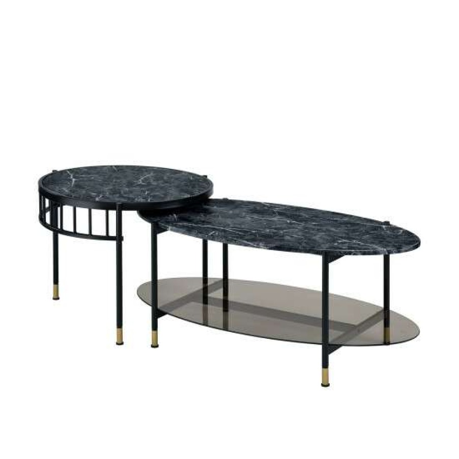 Furniture * | Cheap Simple Relax 2 Piece Faux Marble Top Oval Nesting Coffee Table In Black Finish