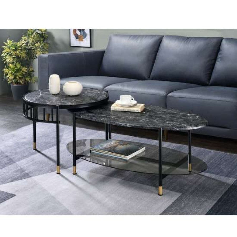 Furniture * | Cheap Simple Relax 2 Piece Faux Marble Top Oval Nesting Coffee Table In Black Finish