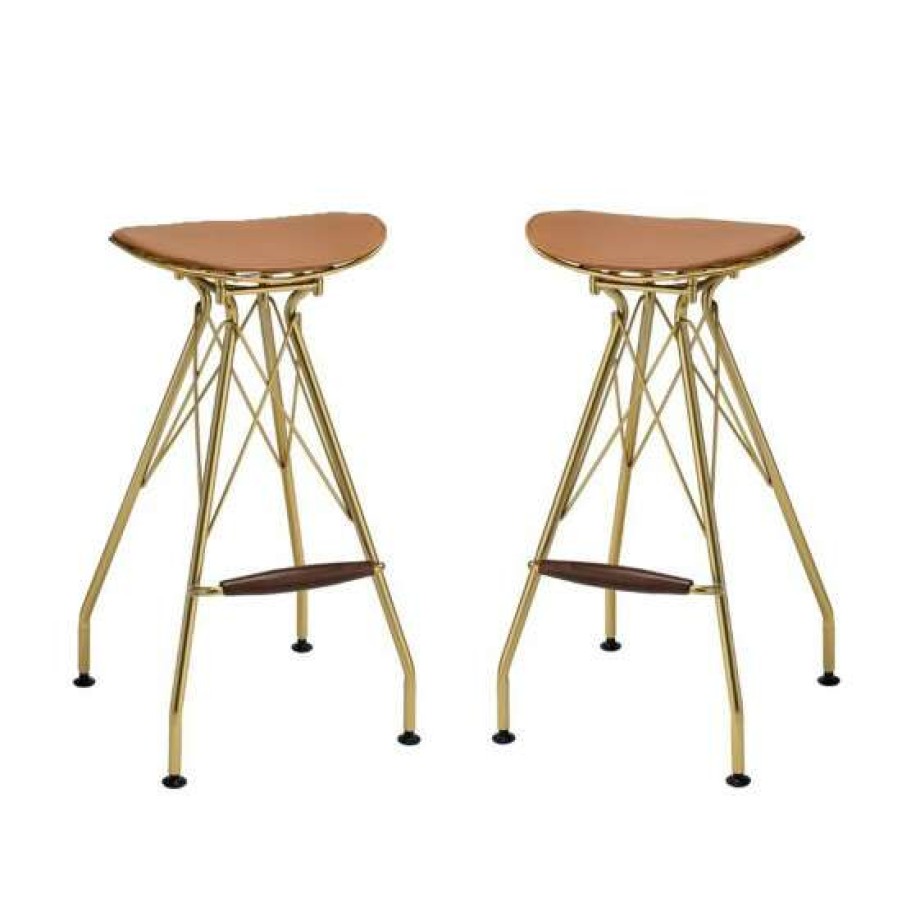 Furniture * | New Simple Relax Set Of 2 Bar Stool With Faux Leather Cushion In Gold