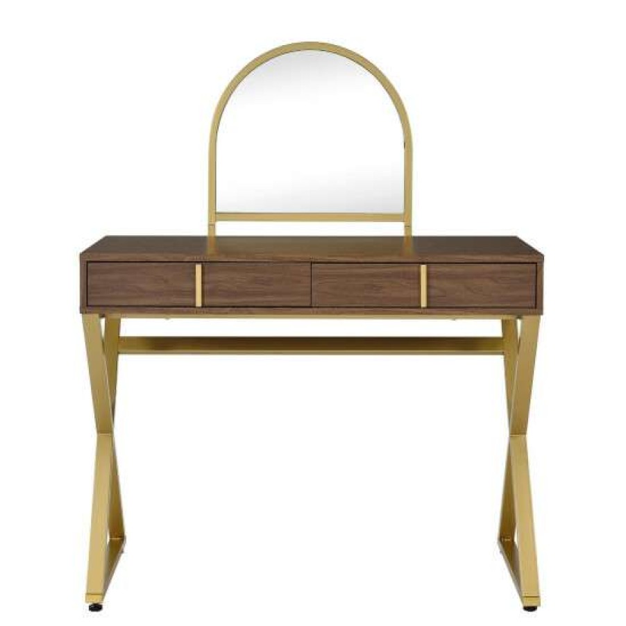 Furniture * | Top 10 Simple Relax Vanity Desk With Jewelry Tray And Mirror In Walnut And Gold Finish