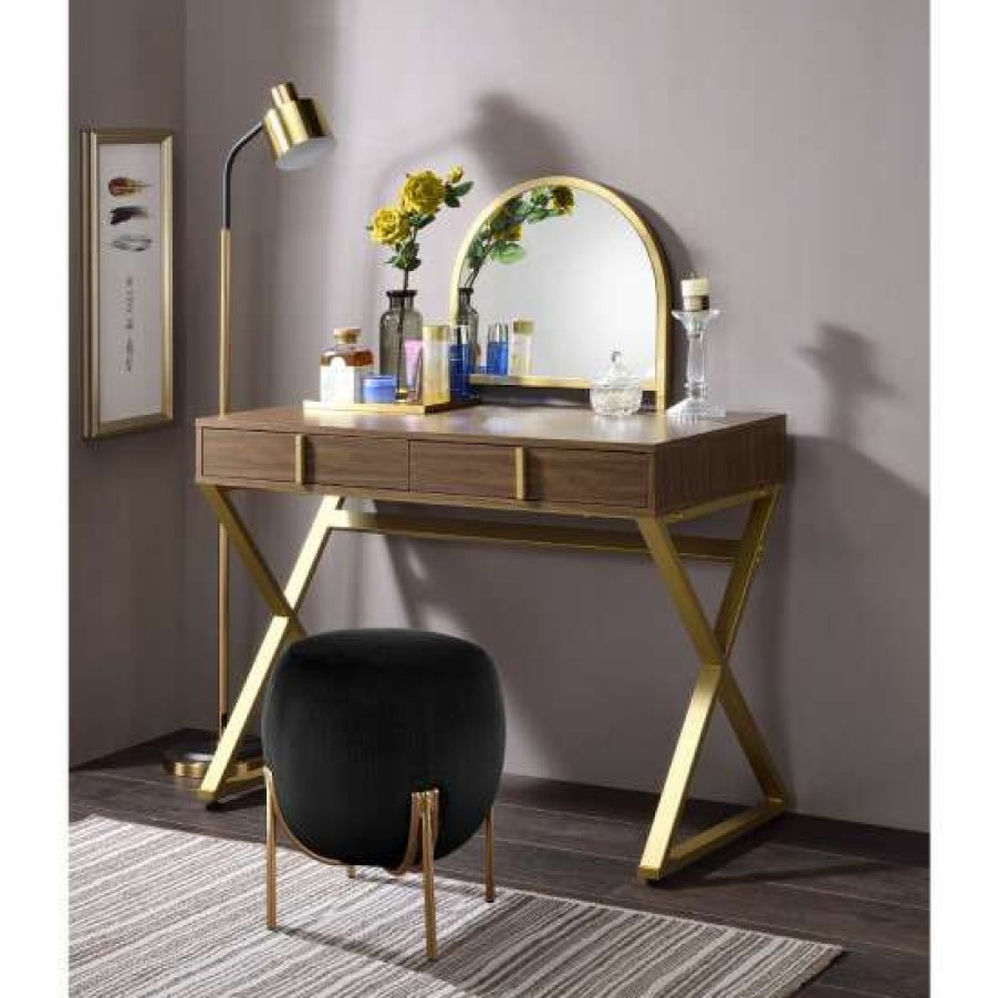 Furniture * | Top 10 Simple Relax Vanity Desk With Jewelry Tray And Mirror In Walnut And Gold Finish