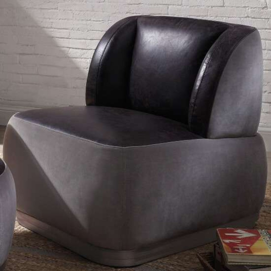 Furniture * | Best Sale Simple Relax Leather And Velvet Accent Chair With Metal Base In Antique Slate And Gray