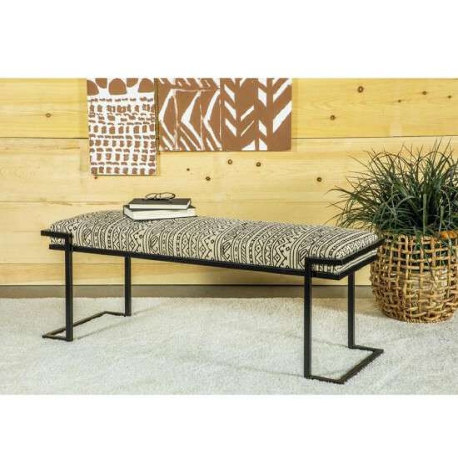 Furniture * | Cheap Simple Relax Fabric Upholstered Accent Bench With Metal Sled Base In Black And White