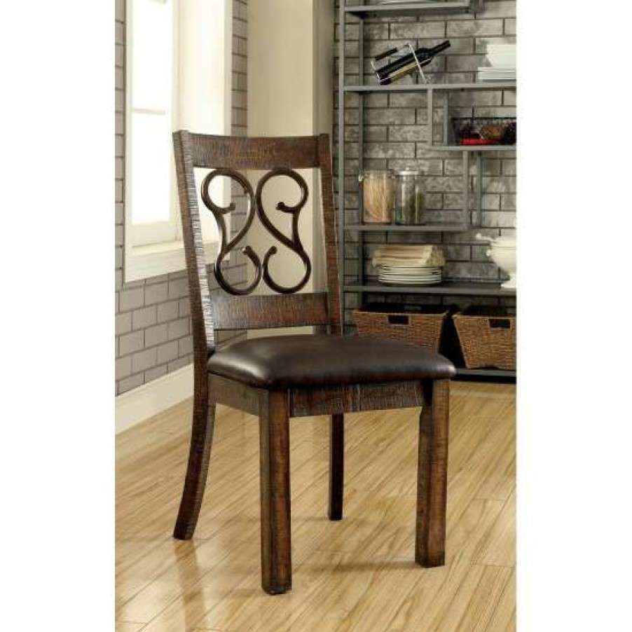 Furniture * | Hot Sale Simple Relax Set Of 2 Leatherette And Wood Side Chair, Rustic Walnut And Espresso