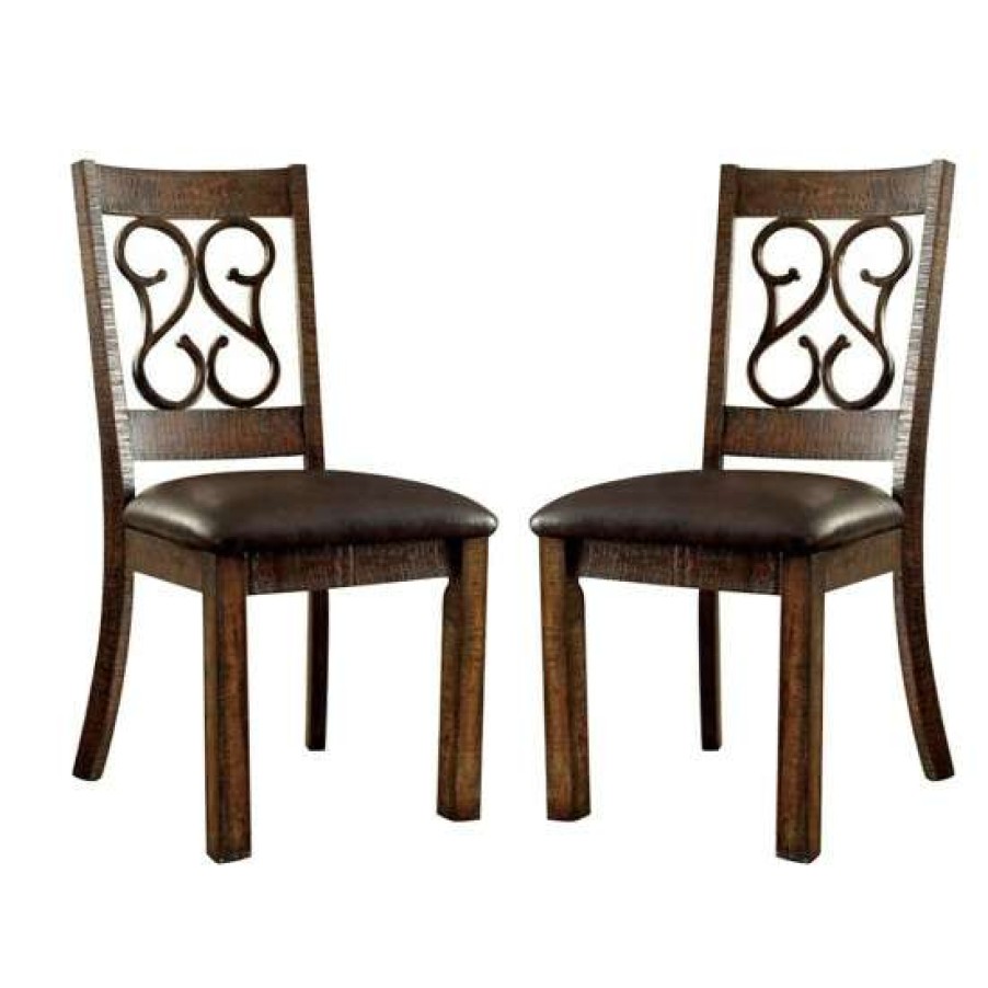 Furniture * | Hot Sale Simple Relax Set Of 2 Leatherette And Wood Side Chair, Rustic Walnut And Espresso