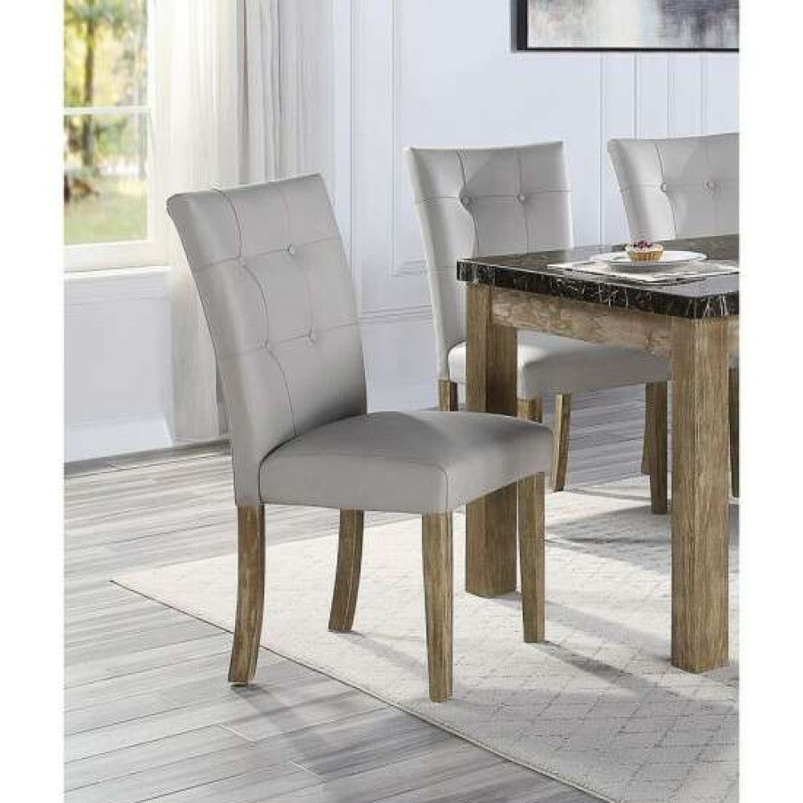 Furniture * | Top 10 Simple Relax Set Of 2 Dining Chair In Tufted Gray Leatherette And Oak Finish