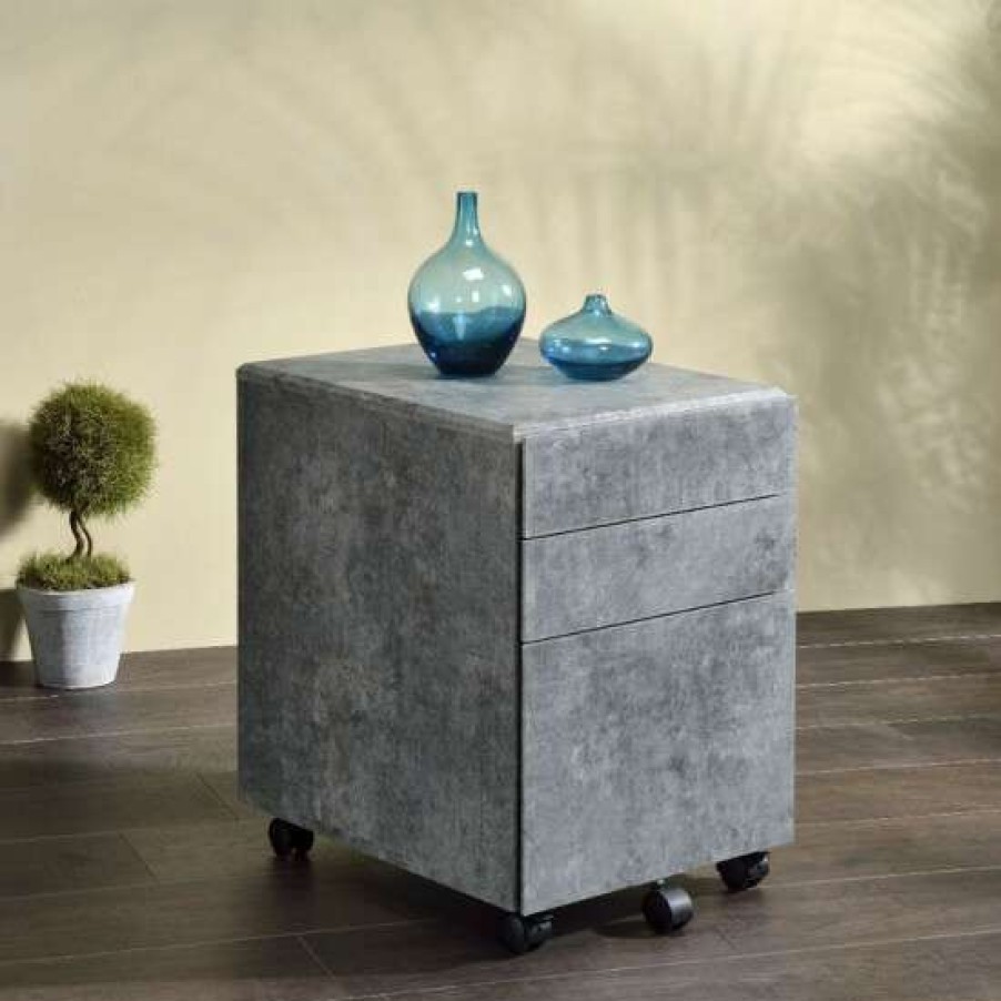 Furniture * | Wholesale Simple Relax Wooden File Cabinet With 3 Drawers Faux Concrete And Silver