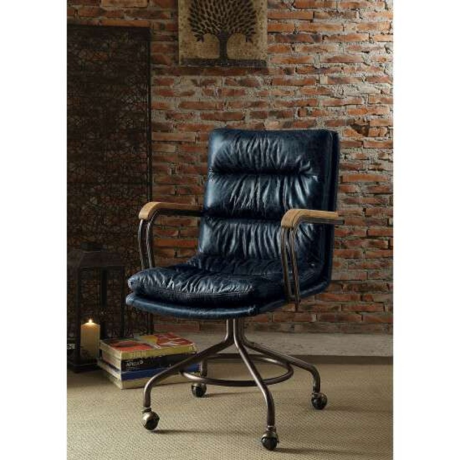 Furniture * | Flash Sale Simple Relax Top Grain Leather Office Chair In Vintage Blue