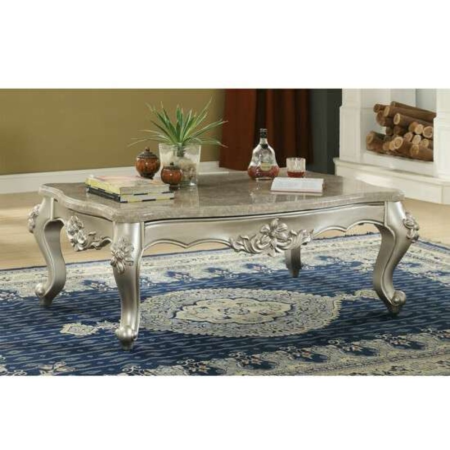 Furniture * | Best Sale Simple Relax Marble Top Coffee Table With Wood Legs In Champagne