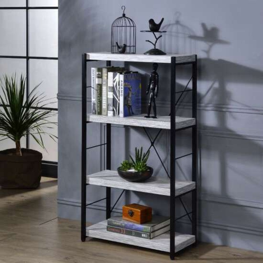 Furniture * | Hot Sale Simple Relax 4 Wooden Shelves Bookshelf With Metal Frame In Antique White