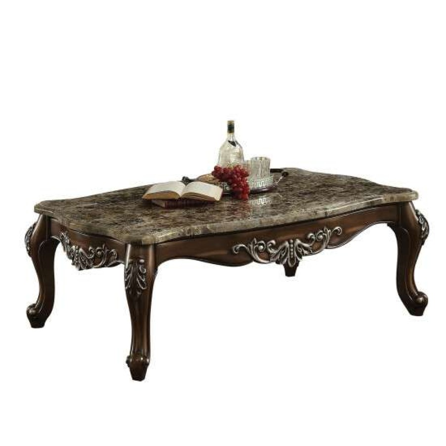 Furniture * | Brand New Simple Relax Rectangular Marble Top Coffee Table In Antique Oak Finish