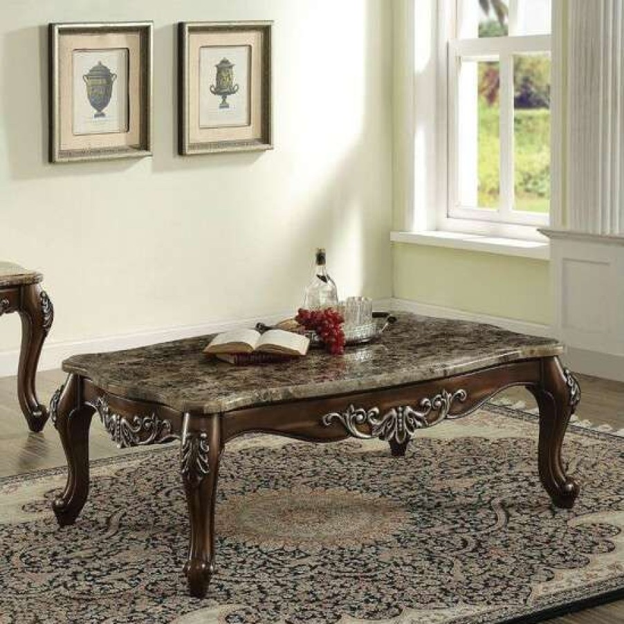 Furniture * | Brand New Simple Relax Rectangular Marble Top Coffee Table In Antique Oak Finish