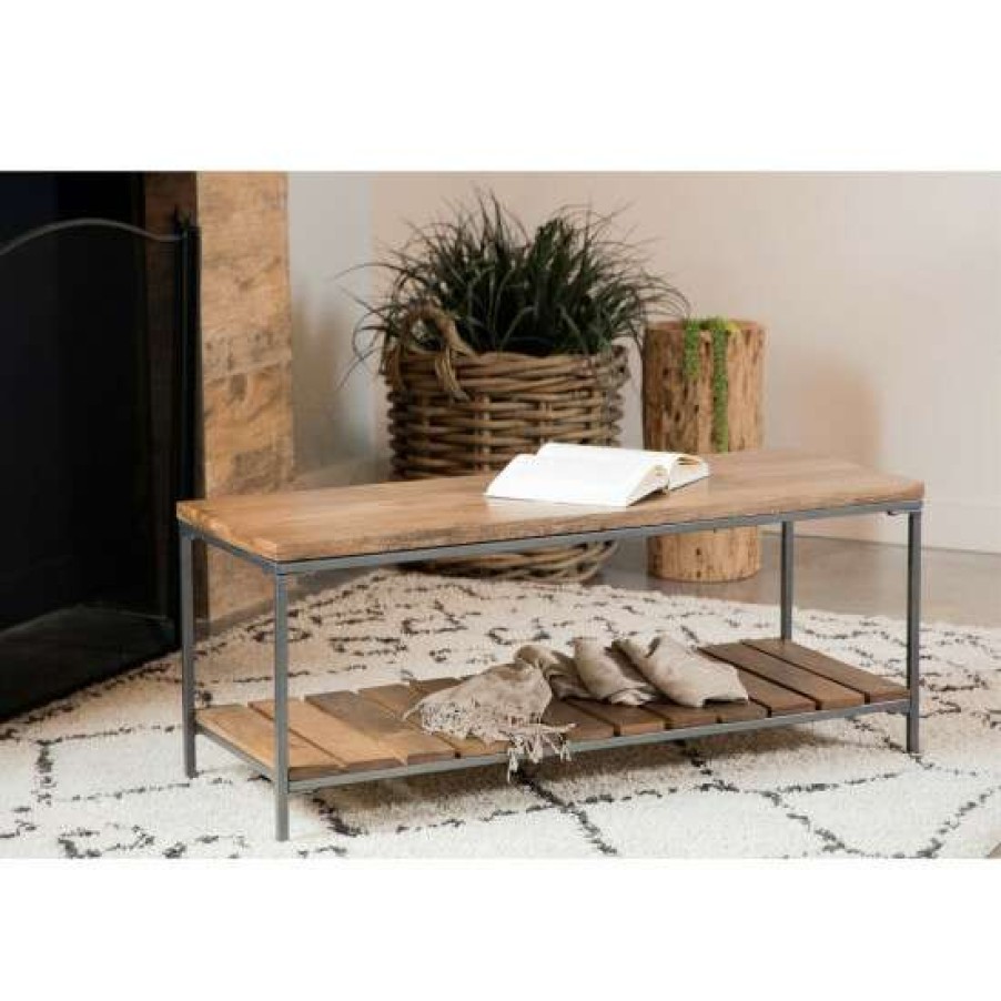 Furniture * | Discount Simple Relax Wood Accent Bench With Slat Shelf In Natural And Gunmetal