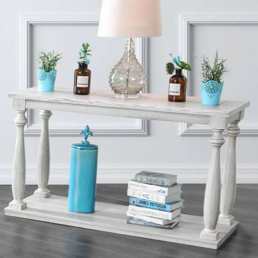 Furniture * | Discount Simple Relax Wooden Sofa Table With Bottom Shelf In Antique White Finish