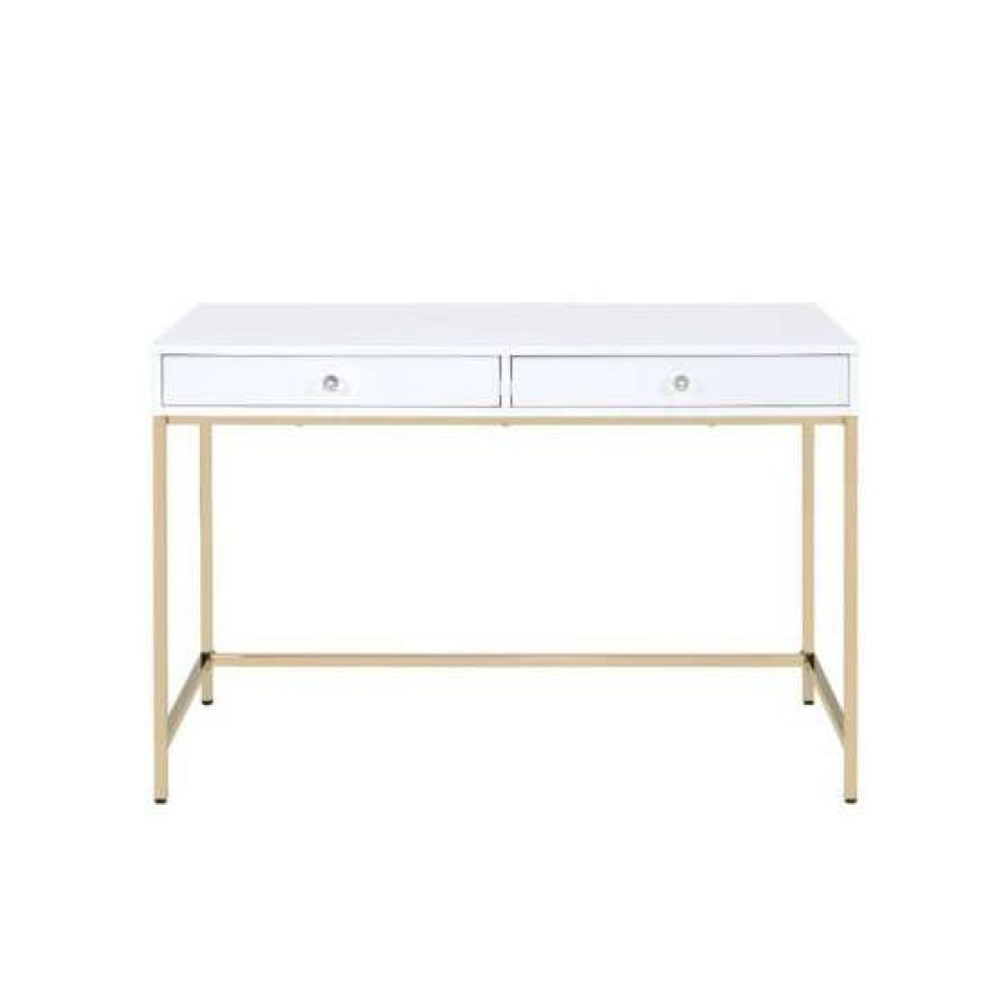 Furniture * | Deals Simple Relax 2 Drawers Writing Desk In White High Gloss And Gold