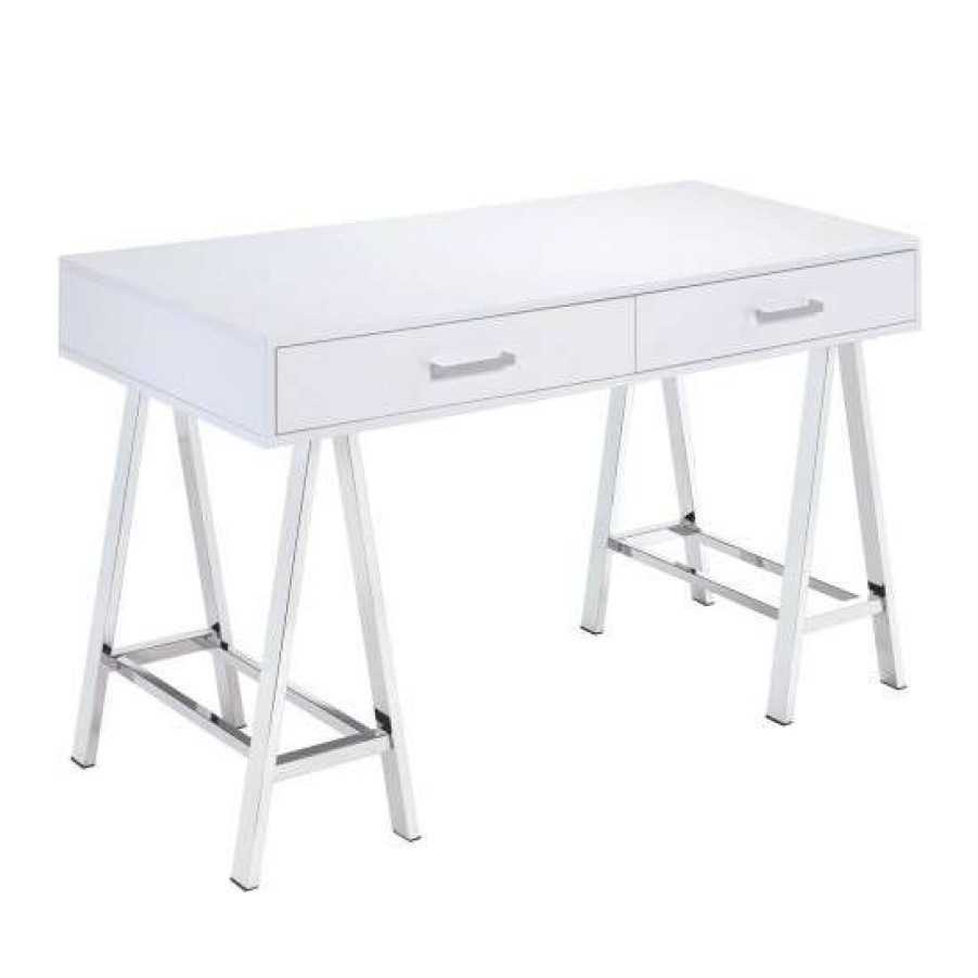 Furniture * | Wholesale Simple Relax 2 Drawers Vanity Desk With Metal Base In White And Chrome