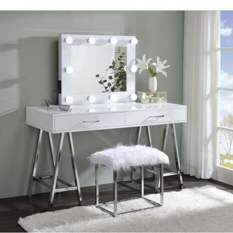 Furniture * | Wholesale Simple Relax 2 Drawers Vanity Desk With Metal Base In White And Chrome