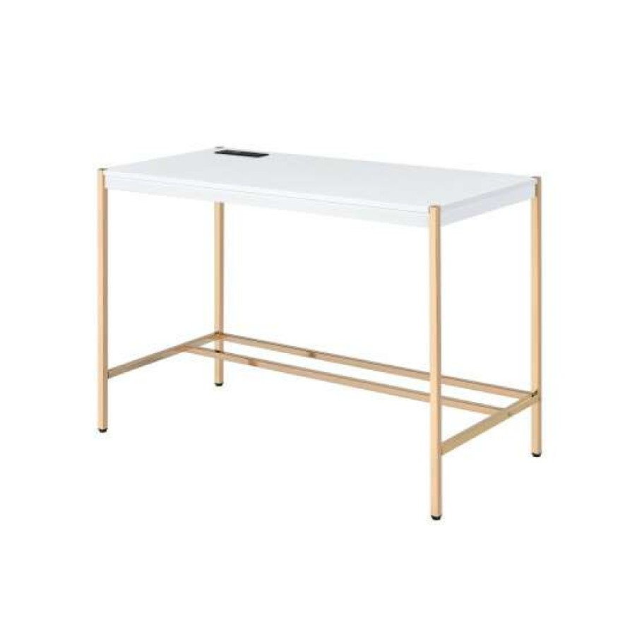 Furniture * | Flash Sale Simple Relax Rectangular Wood Writing Desk With Usb Port In White And Gold