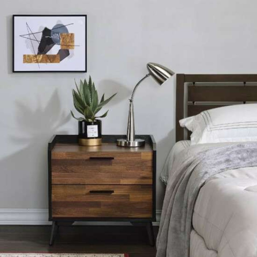 Furniture * | Top 10 Simple Relax Wood Nightstand With 2 Drawers In Walnut And Black Finish